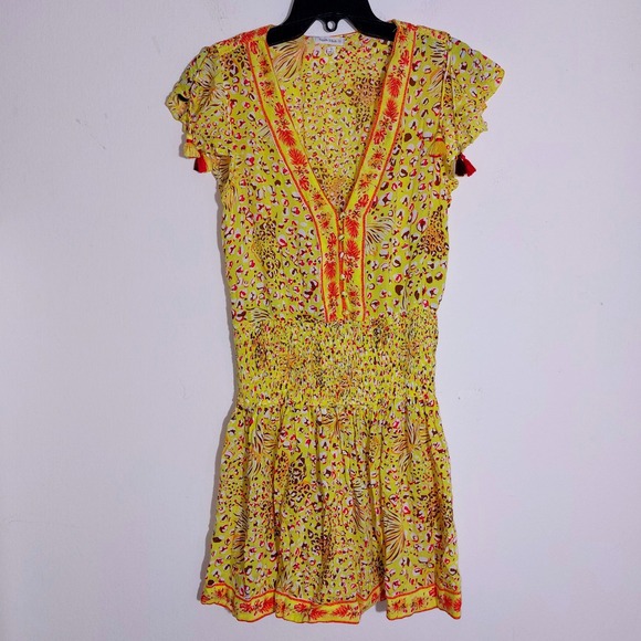 Poupette St Barth Yellow Tassel Smocked V Neck Mini Dress Women's Size S - Picture 3 of 11